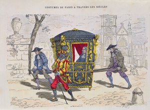 Sedan-stol i det sekstende århundre, fra Costumes de Paris a Travers les Siecles, utgitt 1887 (fargegravering) av French School