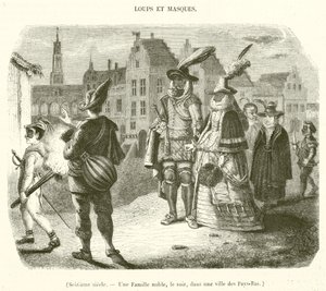 Sekstende århundre, en adelsfamilie, om kvelden, i en by i Nederland (gravering) av French School