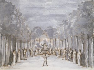 Scenografi for en opera, fra en samling med tittelen Les Menus Plaisirs du Roi (penn og blekk & wc på papir) av French School