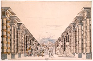 Scenografi for et uidentifisert skuespill, hentet fra en samling med tittelen Menus Plaisirs du Roi (penn & blekk og akvarell på papir) av French School