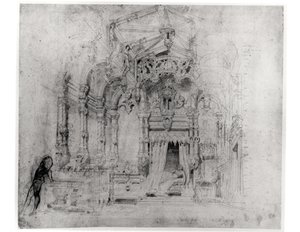 Scenografi for den første produksjonen av Angelo, tyran de Padoue av Victor Hugo (1802-85), 1835 (penn og blekk på papir) av French School