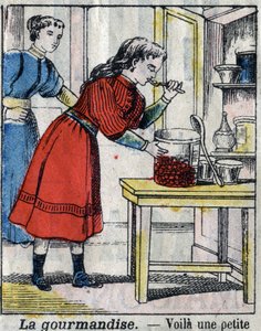 Syv dødelige fiske: Gourmandise. Epinal avbildning sent på 1800-tallet. (I sette peccati o vizi capitali) av French School