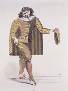 Sganarelle i LEcole des Maris av Moliere, hadde premiere 24. juni 1661 på Palais-Royal Theatre, Paris (penn, blekk og wc på papir) av French School