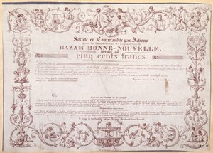 Aksjebevis for 500 franc for Bazar Bonne-Nouvelle, 1836 av French School