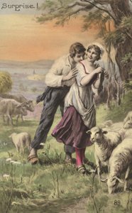Hyrde og gjeterinne (farge litho) av French School