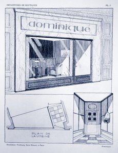 Butikkfront, plate 2, illustrasjon fra Devantures de Boutiques av Louis-Pierre Sezille, Paris, 1927 av French School