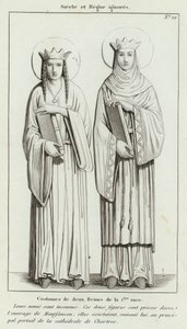 Century and Reign ignorert, Costumes of two Queens of the 1st race (gravering) av French School