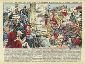 Beleiringen av de europeiske legasjonene i Beijing, Bokseropprøret, Kina, 20. juni - 15. august 1900 (fargelitografi) av French School