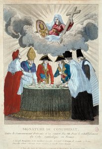 Underskrift av konkordatet av 1801 den 15/07/1801: det er signert mellom den franske regjeringen (her representert av Joseph Bonaparte) og Saint Siege (representert av kardinal Consalvi for pave Pius VII). 1801 Paris, Musee Carnavalet av French School