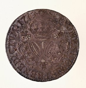 Sølv fransk ecu (scude), regjeringstid til kong Ludvig XIV (1643-1715) 1713 Diam. 4 cm Napoli, museo archeologico av French School