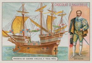 Sir Francis Drake og et tremastet engelsk krigsskip av French School