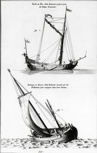 Skisse av båter: en yacht eller yac og en hourque eller hollock, som er en liten båt oppfunnet av nederlenderne for å navigere i kanalene - i "" Diderot encyclopedia"", vol 7 Marine, gravering, Bibl. Mazarine. av French School