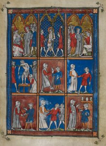 Sloane MS 1977 fol.6r Ni miniatyrer som viser bibelske og medisinske scener. Ovenfor, Kristus før Kaifas og Pilatus; flagellasjonen. Sentrum og under, leger som behandler pasienter for brukne bein og andre plager av French School