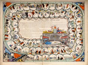 Snakes and ladders board basert på den franske revolusjonen, 1791 av French School