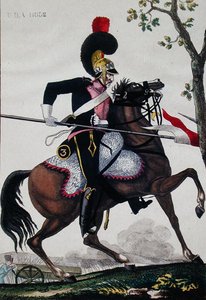 Soldat fra det franske husholdningskavaleriet i løpet av imperiet (farge litho) av French School