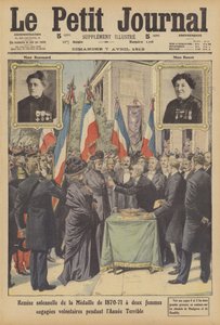 Høytidelig presentasjon av den fransk-prøyssiske krigsmedaljen til to franske kvinnelige frivillige fra Annee … (farge litho) av French School