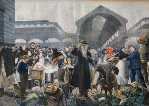 Suppestativ på Les Halles-markedet om morgenen, illustrasjon fra 'Le petit Journal', 2. mars 1897 - la soup aux Halles le matin i Paris - gravering av Fortune-Louis Meaulle etter Jean Jacques Rousseau (1861-1911) av French School