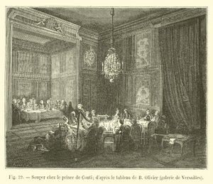 Kveldsmat med Prince de Conti; etter maleriet av B Olivier, Versailles galleri av French School