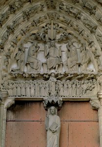 South Portal tympanon som viser Kristus tronet med en Beau Christ-figur på trumeauet nedenfor, 1100-tallet av French School