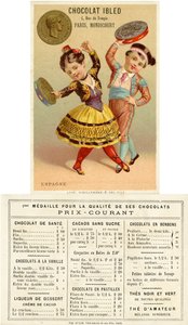 Spanske barn som danser med tamburiner laget av pesetas, fra en serie kampanjekort på valutaer i forskjellige land, utgitt i Paris av Vieillemard for bruk av Chocolat Ibled, 1886-95