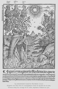 Den spanske filosofen og fransiskanske tertiæren Ramon Llull i kontemplasjon, rettet alle sjelens evner til Gud (litho) av French School