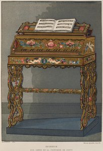 Spinett med våpenskjoldet til prinsesse av Conti, illustrasjon fra Dictionnaire de lameublement et de la dekorasjonen av Henry Havard, bind 2, plate 26, Paris, Maison Quantin, 1878 (farge litho av French School