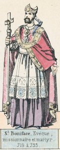 St Bonifatius, biskop, misjonær og martyr, 719 til 735 (farget gravering) av French School