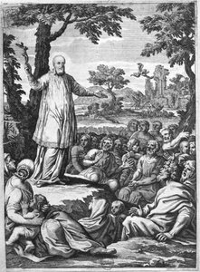 Den hellige Frans av Sales (1567-1622) forkynner for kjettere i Chablais (gravering) (bw foto) av French School