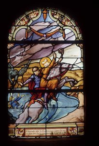 St Guenolé, abbed av Landévennec, redder kong Gralon under oversvømmelsen av byen Ys - glassmalerier i St Germain-kirken i Kerlaz av French School