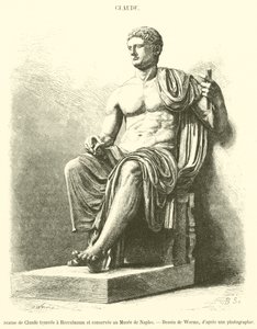 Statue av Claudius funnet i Herculaneum og bevart i Napoli-museet (gravering) av French School