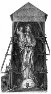 Statue av Notre Dame de France ved Puy en Velay (Puy-en-Velay) i Haute Loire (43): modell av statuen som skal smeltes fra jernet fra kanonene tatt i Sebastopol. Statuen sto ferdig i 1860 og var 16 meter høy. Fra et fotografi. Gravering i "" Le av French School