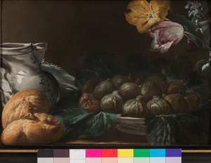 Stilleben med tallerken med fiken, kanne, blomster og brød, 1740-50 av French School