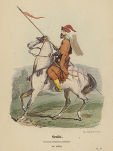 Stradiot, albansk hjelpekavaleri, XVI. århundre (farget gravering) av French School