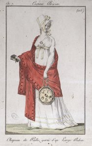 Stråhatt med bånd, moteplate fra Costumes Parisiens, 1799 av French School