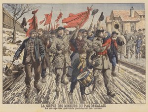 Streik av gruvearbeiderne i Pas-de-Calais, Frankrike (farge litho) av French School