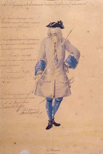 Studie av uniformen til en marinesoldat stasjonert i Le Havre, 1718 (blyant, kroppsfarge og wc på brunt papir) av French School