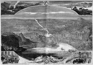 Suez-kanalen: panoramautsikt over hullet i Isthmus of Suez (Egypt), som ble bygget i 1859. Gravering av Morin i "" The Illustrous World"" nr. 84 av 20. november av French School