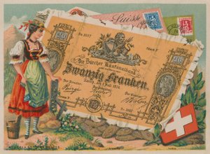 Sveitsisk jente i tradisjonell drakt og 20 Franc-seddel av French School