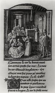 T.2 Fol.111 The Death of Edward III, King of England at Shene Castle, from Froissarts Chronicle, sent 15th century (vellum) (s/hv foto) av French School