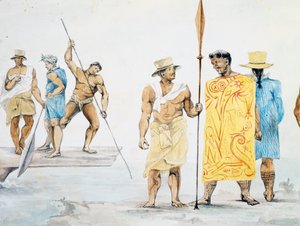 Tahitianske høvdinger ombord på Coquille, design av Jules-Louis Lejeune, basert på Reise rundt i verden av French School
