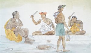 Tahitiske tøyslagere, av LF Lejeune fra Reisen til Louis I Duperrey (1822-1825), Polynesia 1800-tallet akvarell av French School