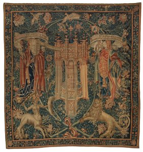 Tapestry, Sibylla Hellespontica og Phrygia (ett av sett med seks sibyler, bestående av 46.134 til 46.139) kalt 'The Rothamsted Tapestries', laget i Flandern, Tournai eller Brussel, Belgia, ca. 1530 (ull) av French School