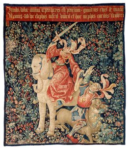 Wandteppich, der Mille-fleurs und Nächstenliebe darstellt, die Neid überwinden (Wolle und Seide) von French School