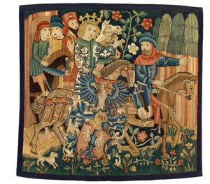 Tapet med Dronningen av Frankrike og den illojale Marshall, illustrerer det mellomhøytyske diktet 'Die Konigin von Frankreich..... Marshall', muligens fra Strasbourg, ca. 1495-1500 (ull og lin) av French School
