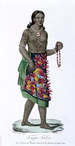 Tatovert kvinne fra Tonga-Tabou - i "" Bibliotheque universelle des voyages"" av Albert-Montémont, red. Armand-Aubree, vol.17 av French School