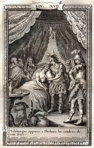 Telemaque tar seg av Phalantes sår og bringer ham asken til broren hans - gravering av 1798 etter Monnet i "Les Aventures de Telemaque, fils d'Ulysse" (Telemachos eventyr) av Francois de Salignac de La Mothe-Fenelon dit Fenelon - av French School