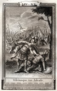 Telemaque dreper Adraste - gravering av 1798 av Monnet i "Les Aventures de Telemaque, fils d'Ulysse" (The Adventures of Telemachus) av Francois de Salignac de La Mothe-Fenelon dit Fenelon - av French School