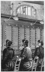 Telephone office (central telephonique - standard telephonique) of rue Gutenberg in Paris in 1895. Multiple table section of 240 subscribers served by 3 telephonists. av French School