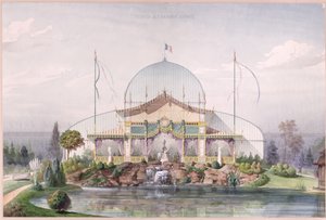 Telt og stort glasshus i hagen til verdensutstillingen i Paris i 1867 (akvarell på papir) av French School