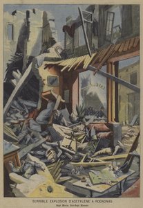 Forferdelig acetylengasseksplosjon i en kafé i Rognonas, Frankrike (farge litho) av French School